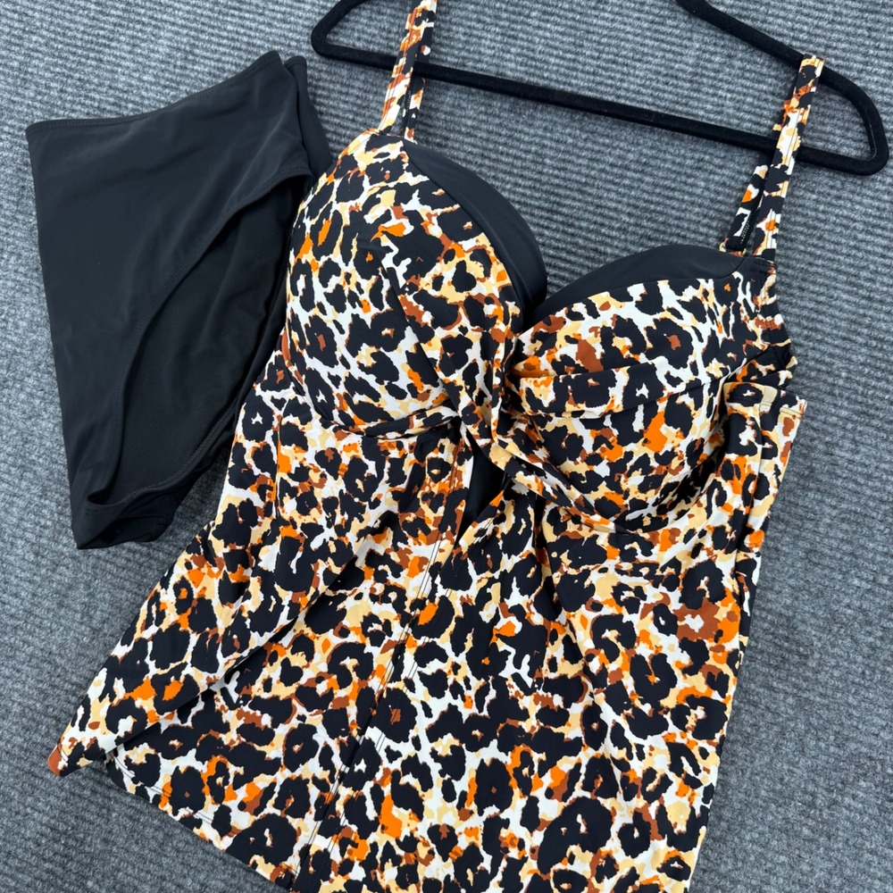 Womens 22 Plus Size Orange Brown Black Leopard Print Tankini Swimsuit Set